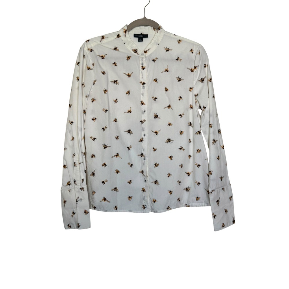 Victoria Beckham Bee Print Mandarin Collar Button Down Shirt White Cotton Modern